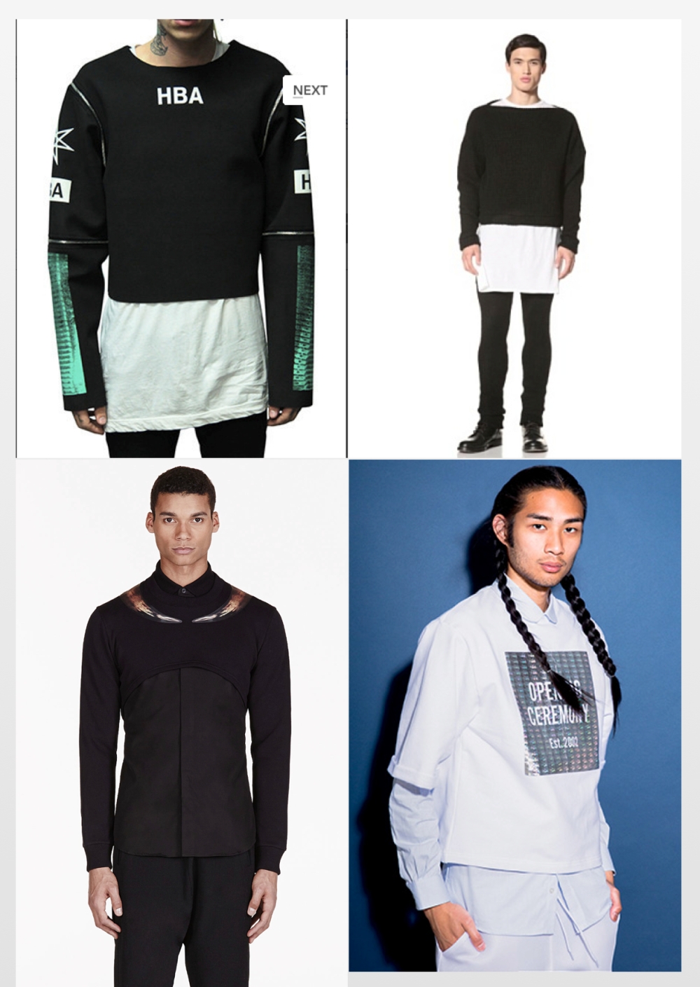 ...and designer produced: 1) Hood by Air "Neopreen" sweater 2) Telfar Quilted crop sweater 3) Givenchy Black Horn print cropped sweater 4) Opening Ceremony Cut-Off logo sweat tee 