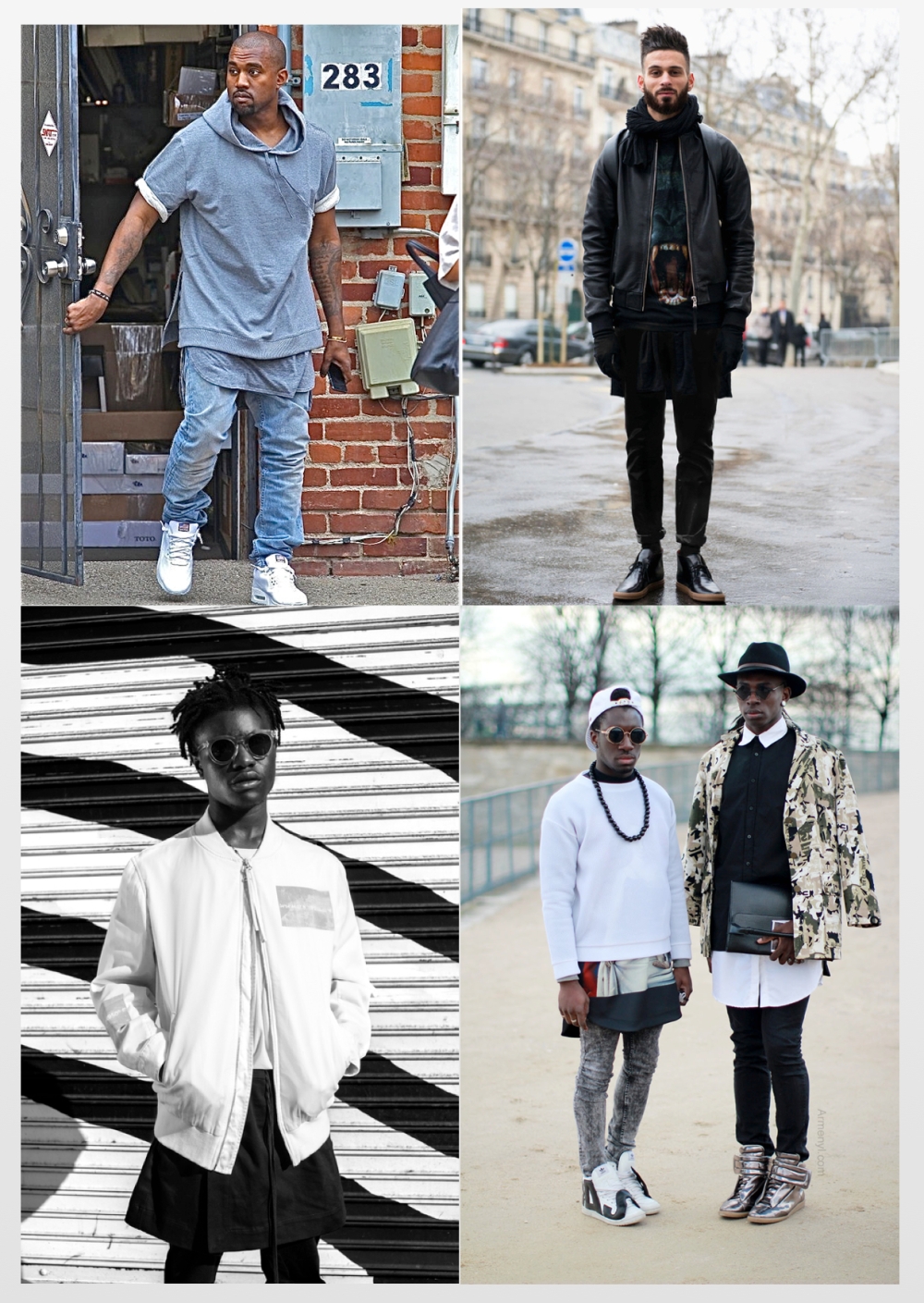 Clockwise: 1) Yeezy, one of the forerunners of the look outfitted in his A.P.C collab 2) Street Style perfection 3) Ian Connor x 424 Fairfax 4) Live on the streets of Paris (credit: Armenyl)